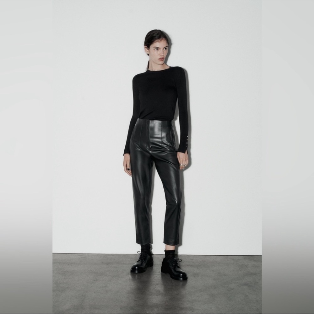 Zara EUC Faux Leather Ultra High Rise Pants Trousers Black Size S Straight Leg